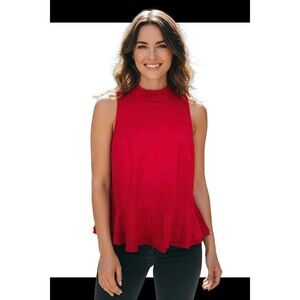 Anthropologie Top Womans Large Red Cressida Mock Neck Tank Ruffle Resort